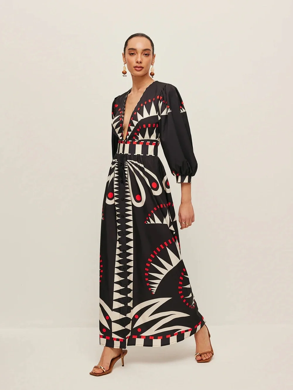 COMMENSE Boho Print V-Neck Split Dress - size Medium - Picture 3 of 8